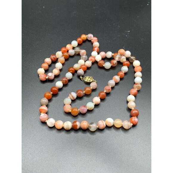Striped Agate Necklace 14K Gold Hand Knotted Round Semi-Precious Stones Necklace - Picture 2 of 6